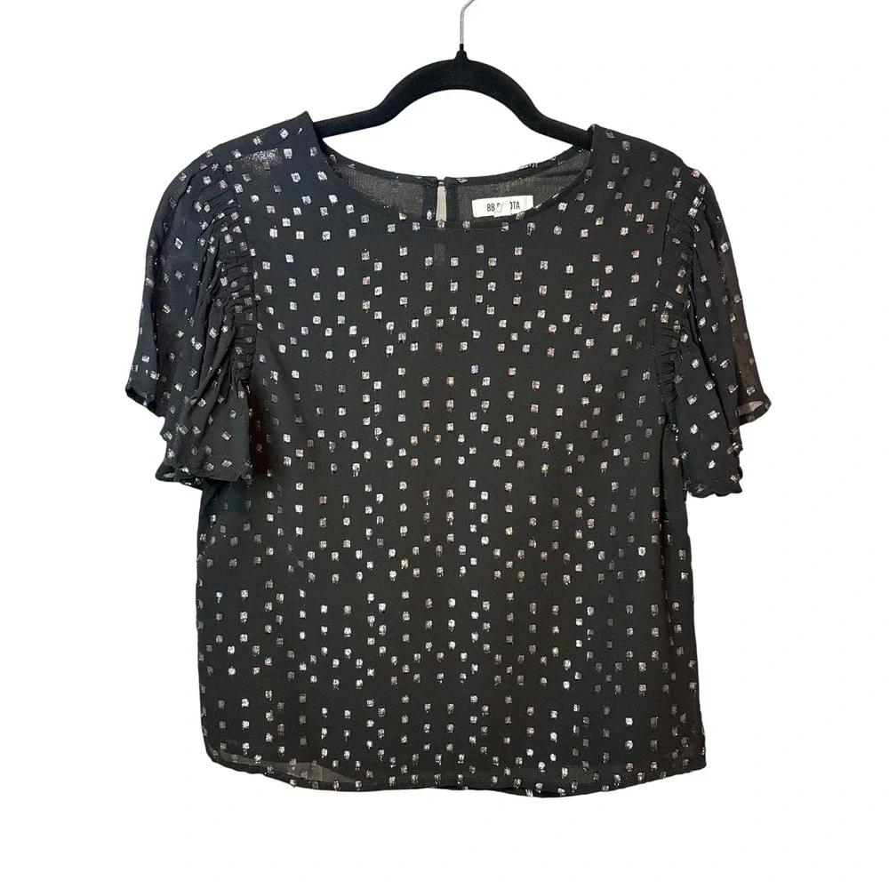 BB Dakota Black Silver Metallic Blouse Womens Size Small‎ Flutter Sleeve Top